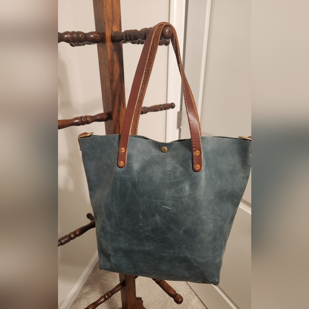 KMM & Co Atlantic Blue All Leather Tote Bag in Teal with Brown Handles